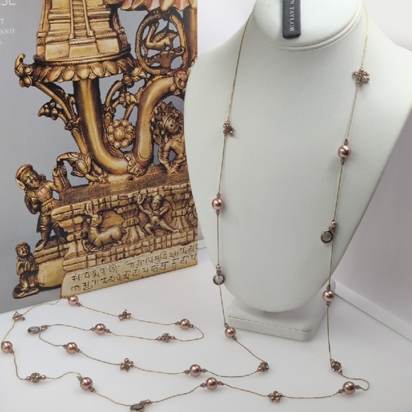 Ann Taylor Gold and Pink 70" Necklace with Faux Pearl And Rhinestone Accents - Picture 1 of 4